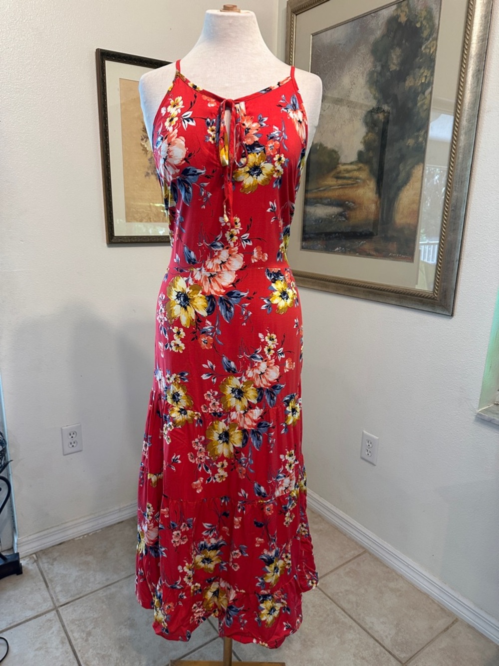 Band of Gypsies Red Floral Boho Maxi Dress w/Adjustable Straps Size Large - Picture 2 of 16